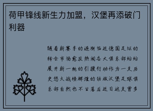荷甲锋线新生力加盟，汉堡再添破门利器